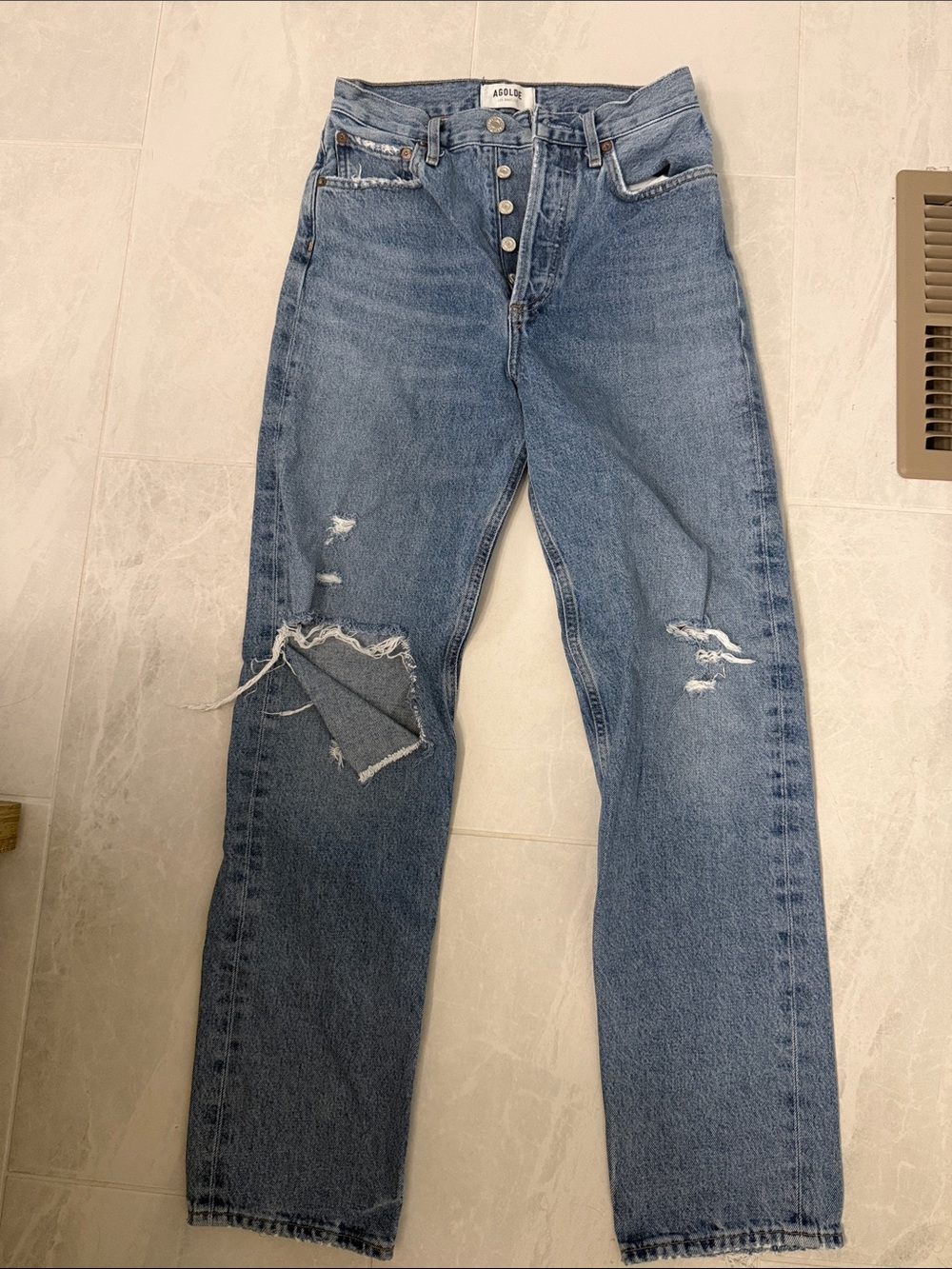 Agolde Light Blue Ripped Straight-Leg Jeans for women 90s high waisted